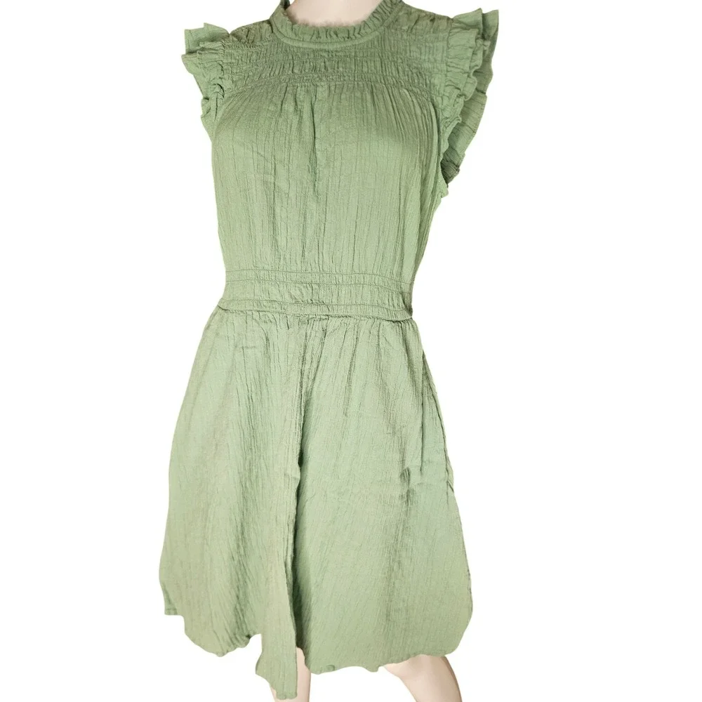 J. Crew Sage Green Ruffle Mini Dress SZ M Crinkle Fabric Keyhole Back